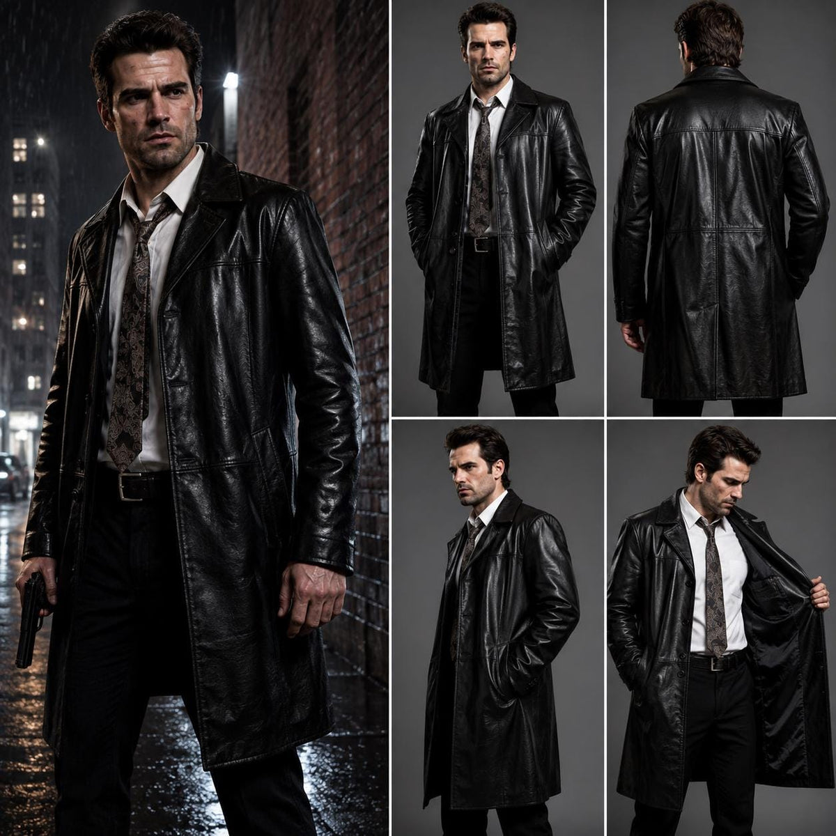 Black leather trench coat alternate angle