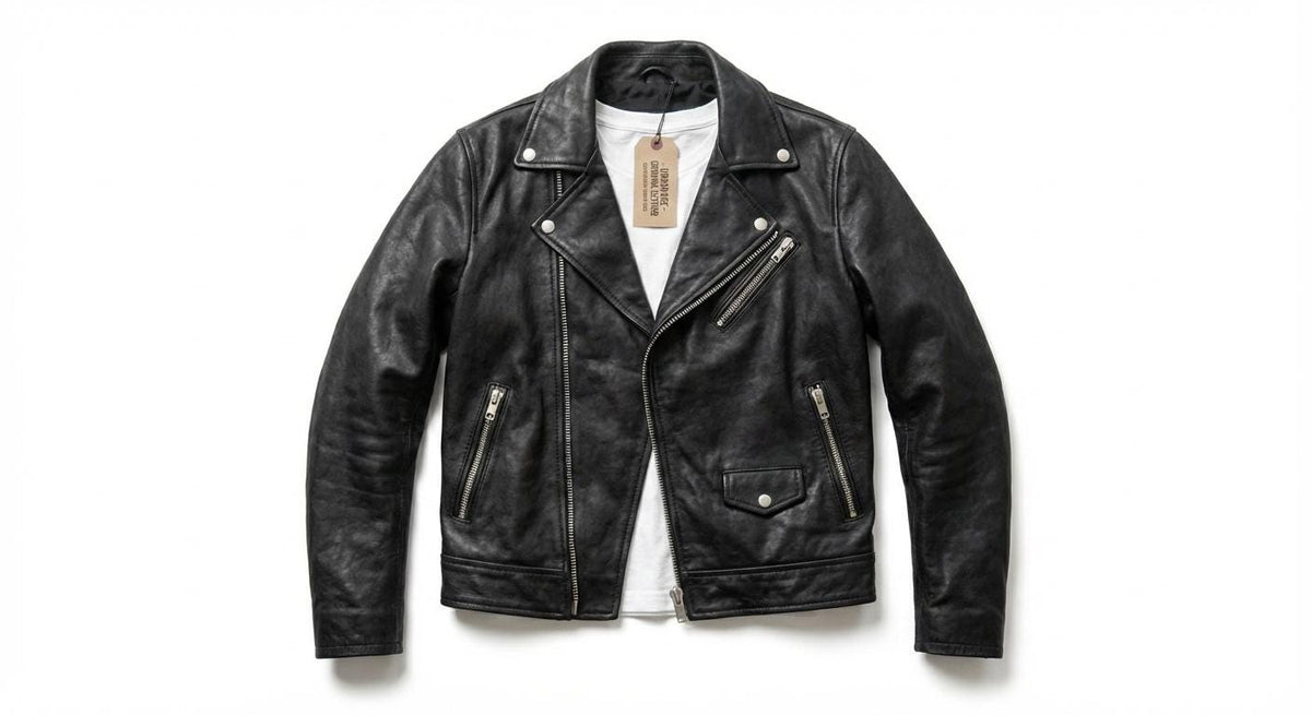 Men’s black leather biker jacket, front view