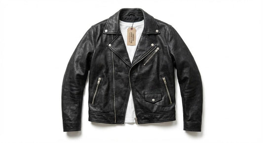 Men’s black leather biker jacket, front view