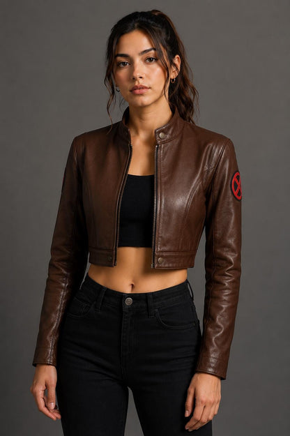 Women's brown cropped leather biker jacket by Premium Skin