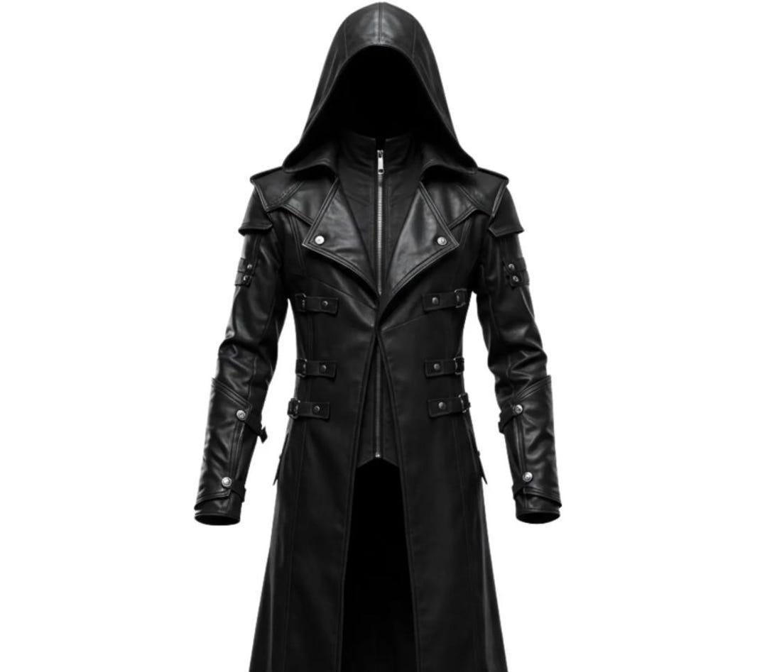 Black hooded gothic trench coat by Premium Skin