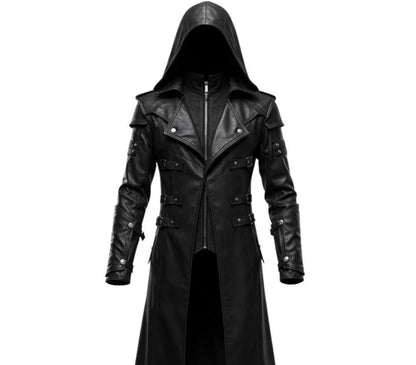 Black hooded gothic trench coat by Premium Skin
