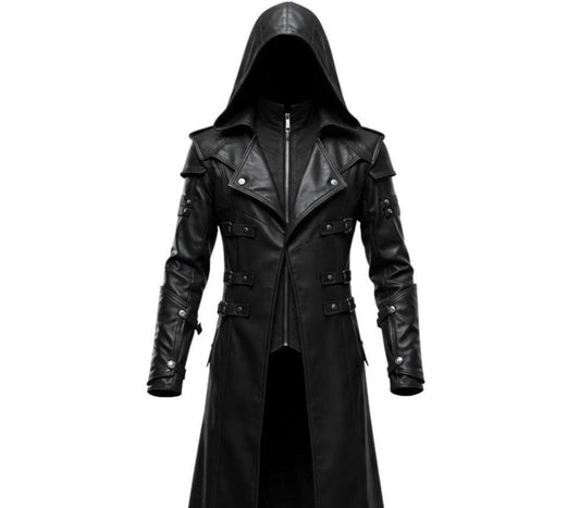 Black hooded gothic trench coat by Premium Skin