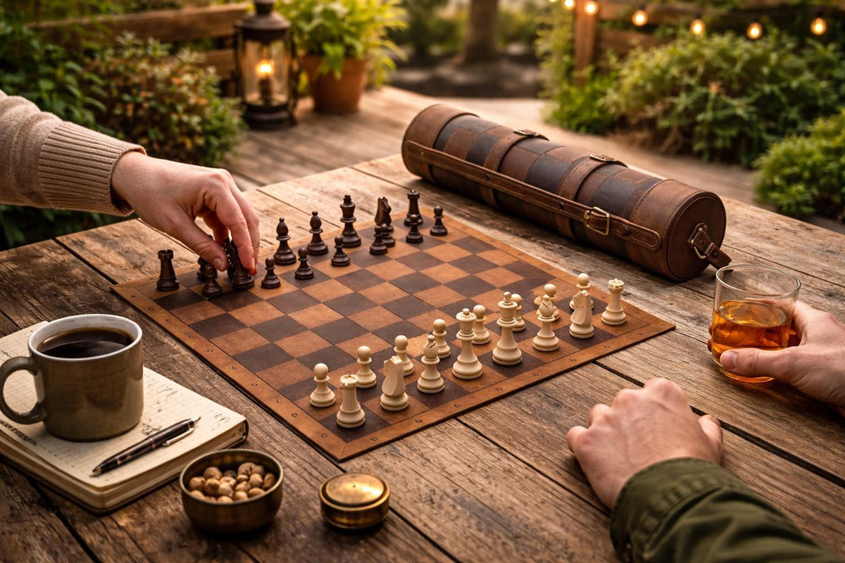 Handmade leather travel chess set, open view