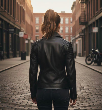 Quilted black asymmetrical biker jacket by Premium Skin