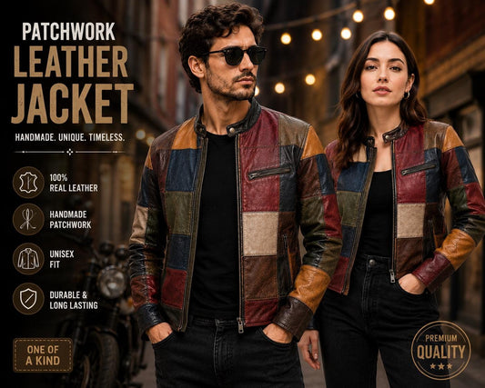 Handmade patchwork leather biker jacket by Premium Skin