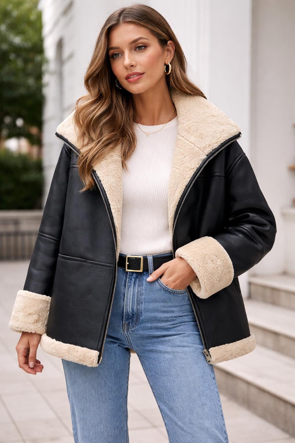 Black shearling-style aviator jacket by Premium Skin