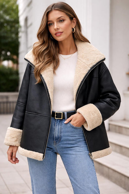 Black shearling-style aviator jacket by Premium Skin