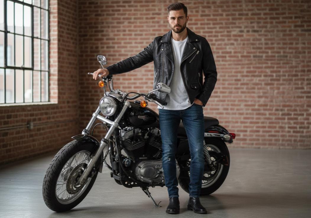Men’s black biker jacket close-up