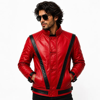 Red retro pop-inspired leather jacket by Premium Skin