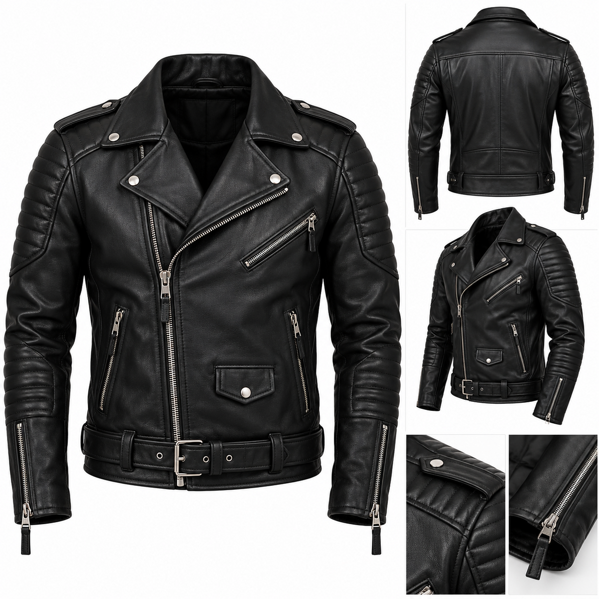 Black biker jacket product construction reference