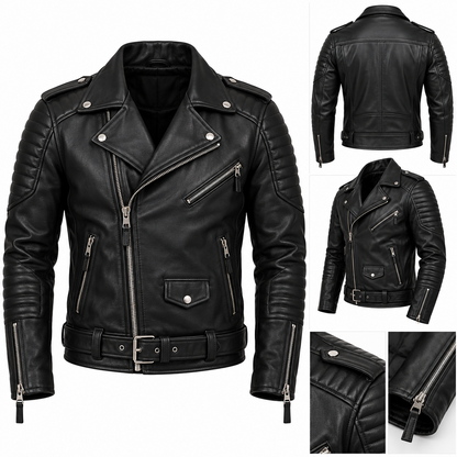 Black biker jacket product construction reference
