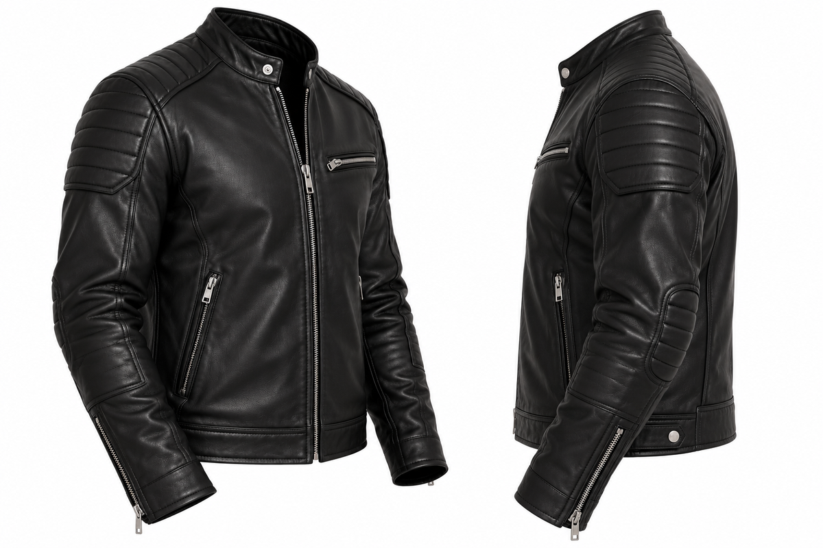 Men’s black leather cafe racer jacket back view