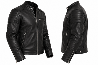 Men’s black leather cafe racer jacket back view