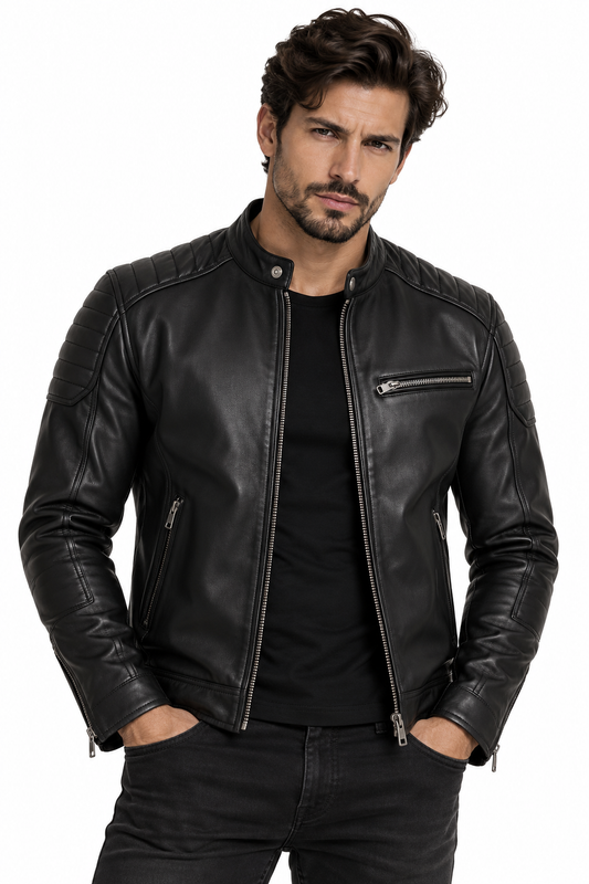 Men’s black leather cafe racer jacket, front view
