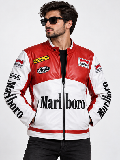 Red and white Grand Prix leather jacket detail