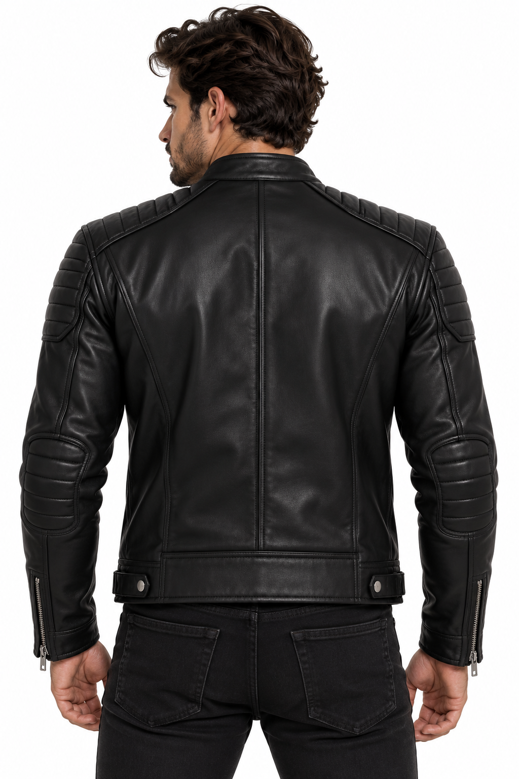 Men’s black cafe racer jacket collar and zipper detail