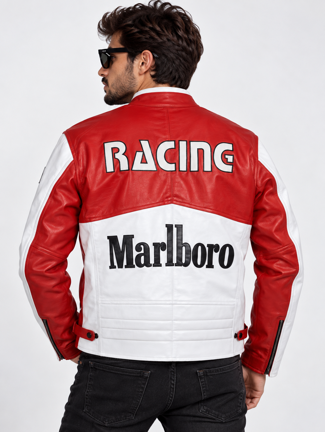 Red and black racing leather jacket detail