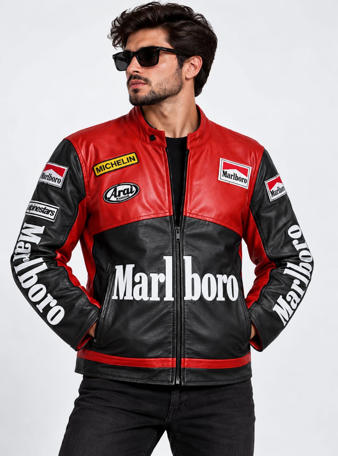 Grand Prix racing leather jacket in red and white, front view