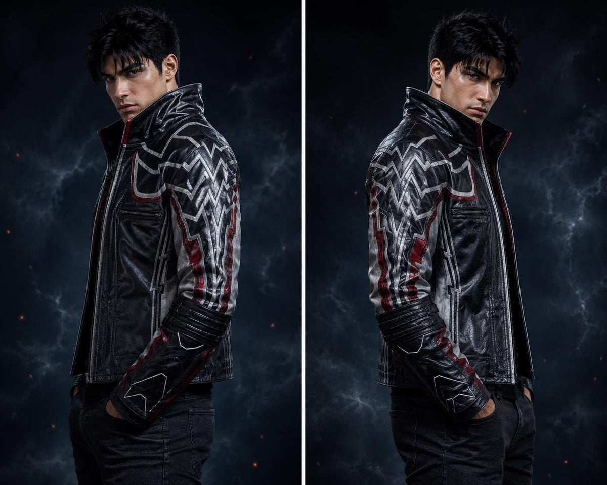 Black fighting-game-inspired leather jacket by Premium Skin
