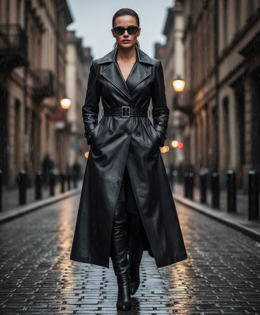 Black sheepskin leather long trench coat by Premium Skin