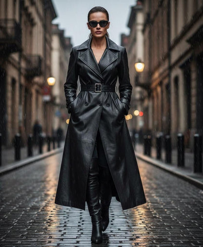 Black sheepskin leather long trench coat by Premium Skin
