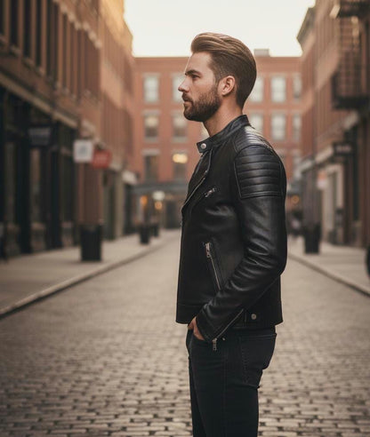 Men's black cafe racer jacket by Premium Skin