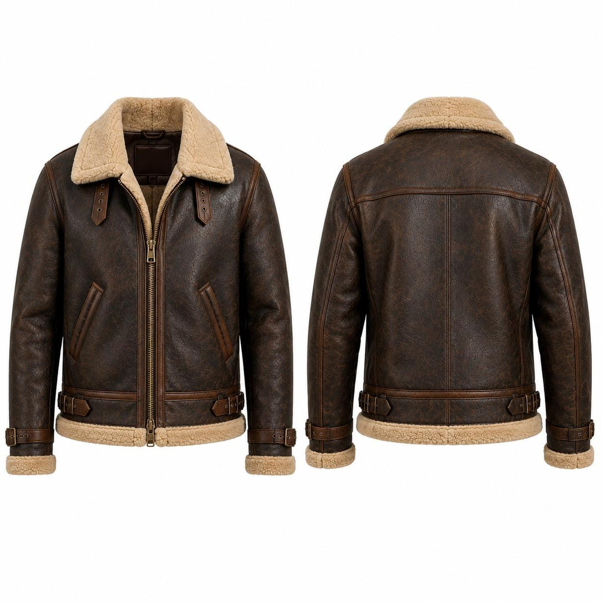 Brown shearling-style aviator jacket back view