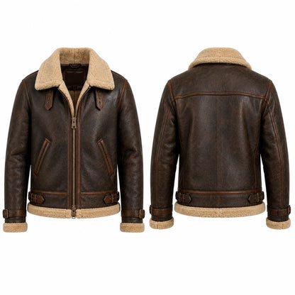 Brown shearling-style aviator jacket back view