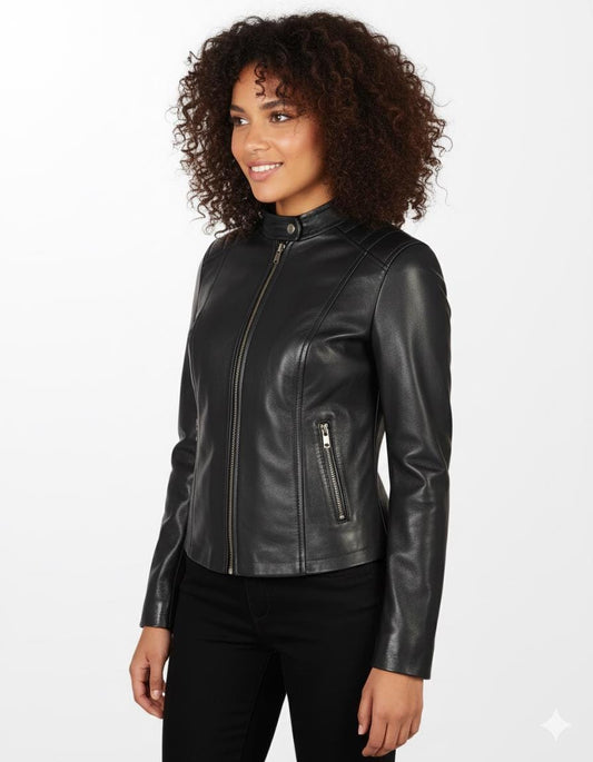 Women’s black lambskin moto jacket, front view