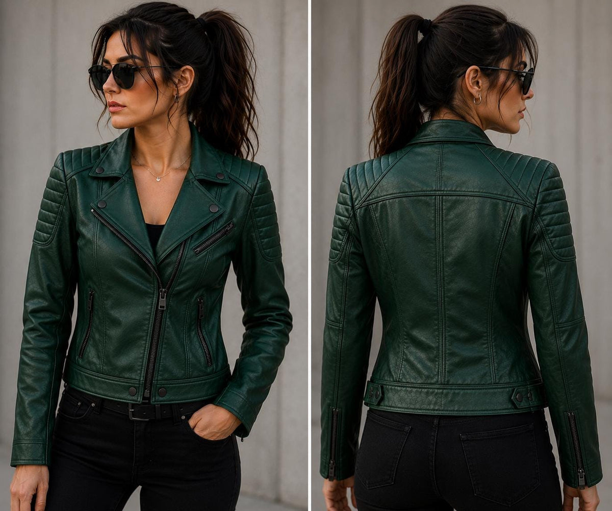 Emerald green quilted leather biker jacket by Premium Skin