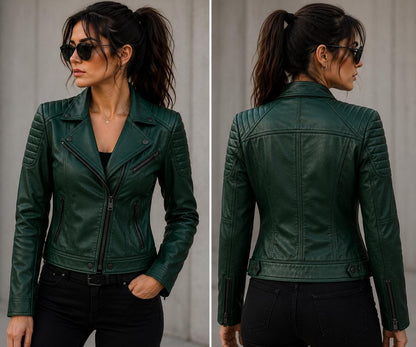 Emerald green quilted leather biker jacket by Premium Skin
