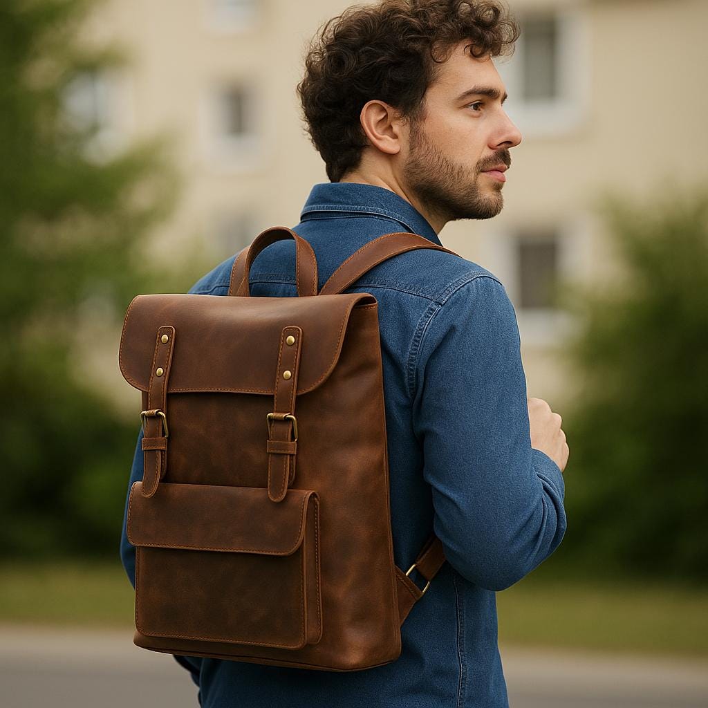 Brown leather backpack, front view