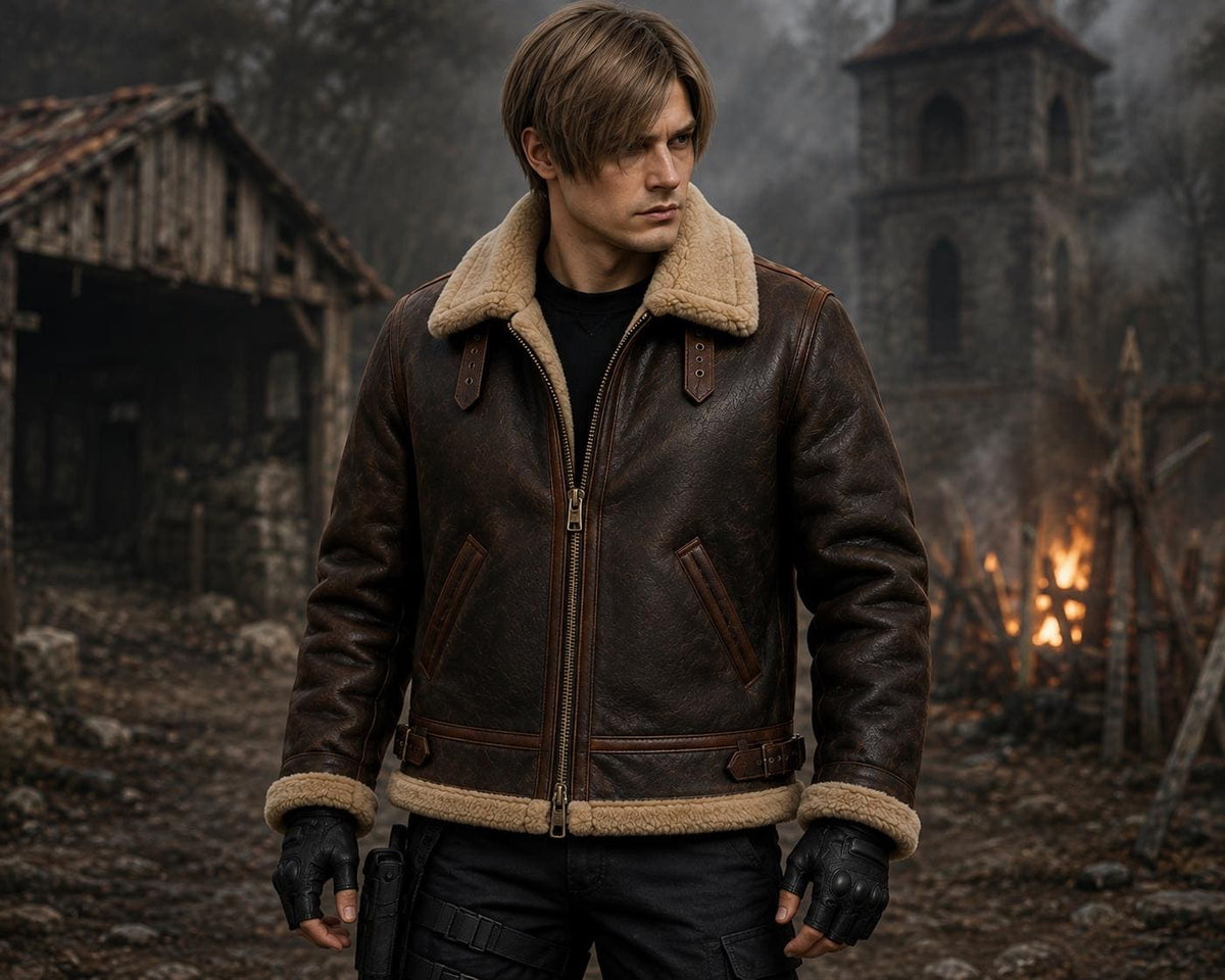 Brown shearling-style aviator jacket, front view