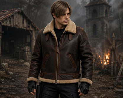 Brown shearling-style aviator jacket, front view