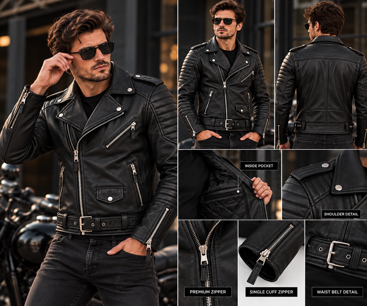 Black biker jacket details and styling collage