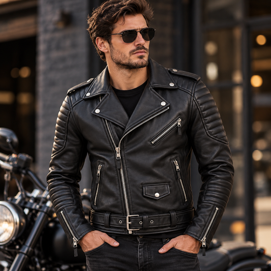 Black leather biker jacket model front view