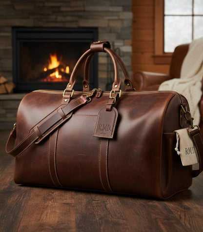 Personalized leather weekender duffel bag by Premium Skin