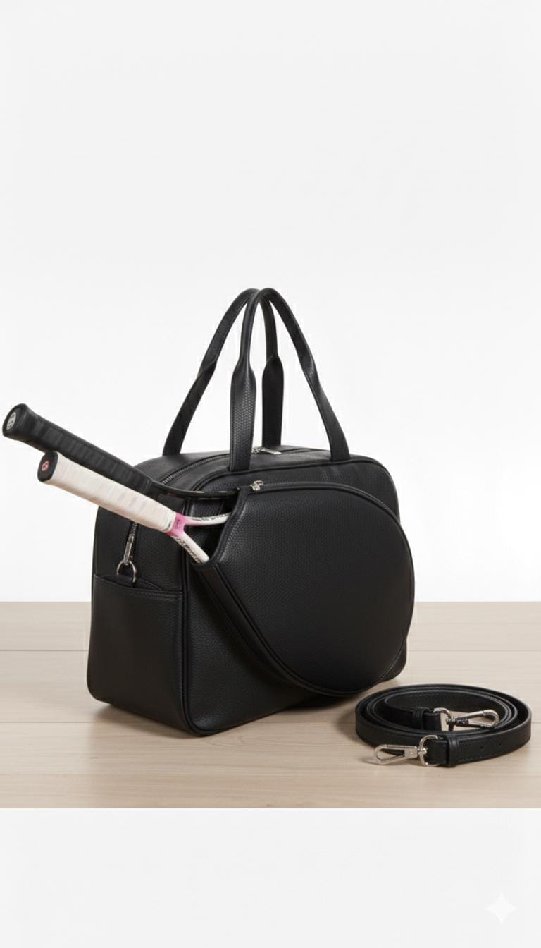 Red leather tennis racket duffel bag by Premium Skin
