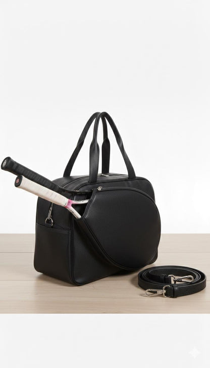 Red leather tennis racket duffel bag by Premium Skin
