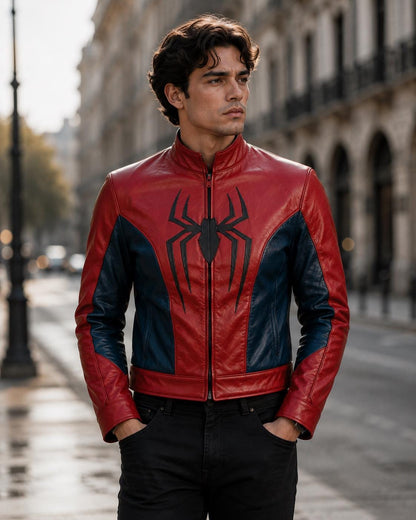 Red and blue hero-inspired leather jacket by Premium Skin