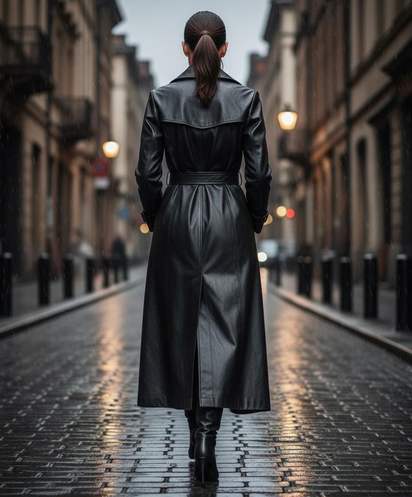 Black sheepskin leather long trench coat by Premium Skin