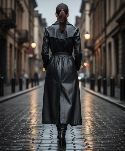 Black sheepskin leather long trench coat by Premium Skin