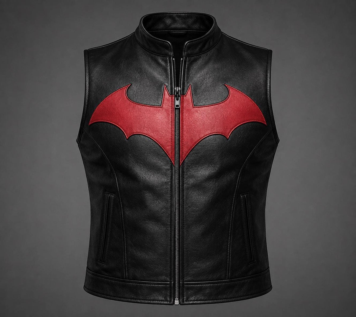 Black leather vest with red emblem alternate view