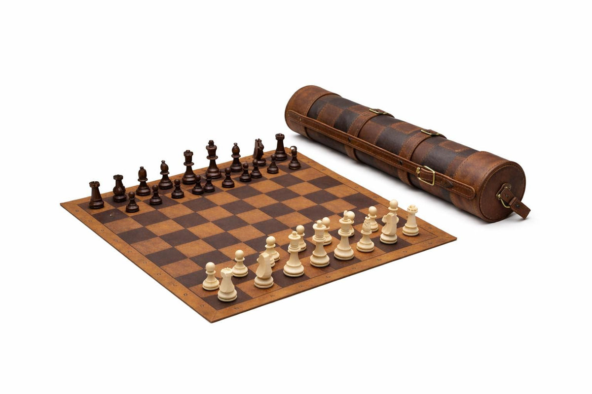 Handmade leather travel chess set folded for transport