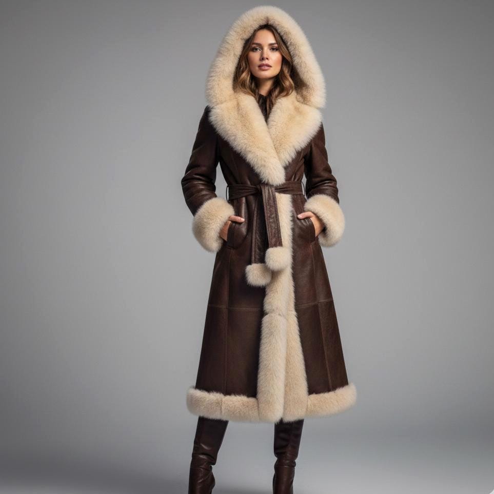 Belted leather-style winter trench coat with faux-fur hood by Premium Skin