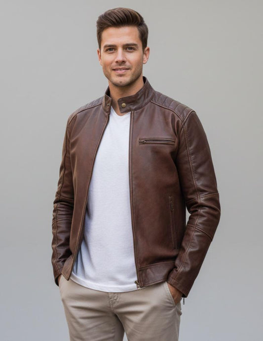 Distressed brown lambskin biker jacket by Premium Skin