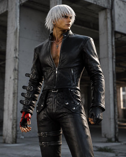 Black gothic biker leather jacket, front view