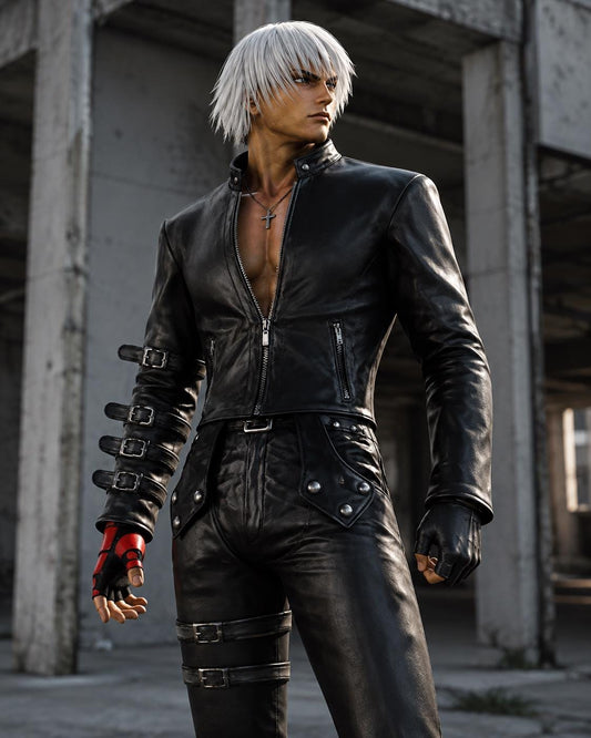 Black gothic biker leather jacket, front view