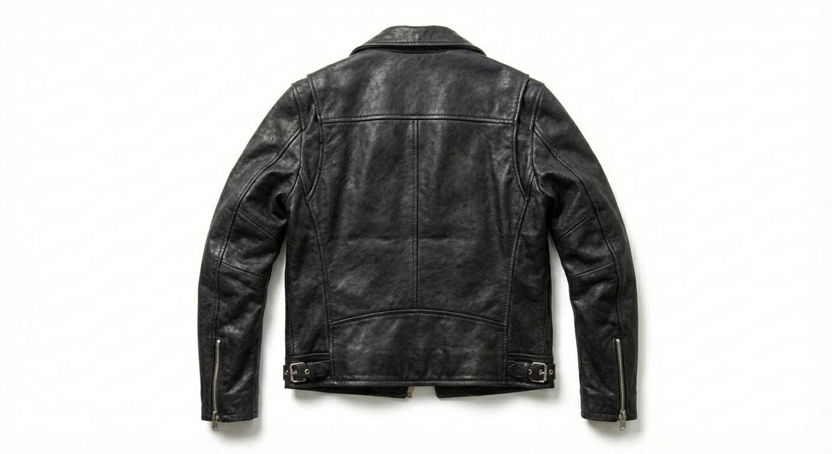 Men’s black leather biker jacket stitching detail